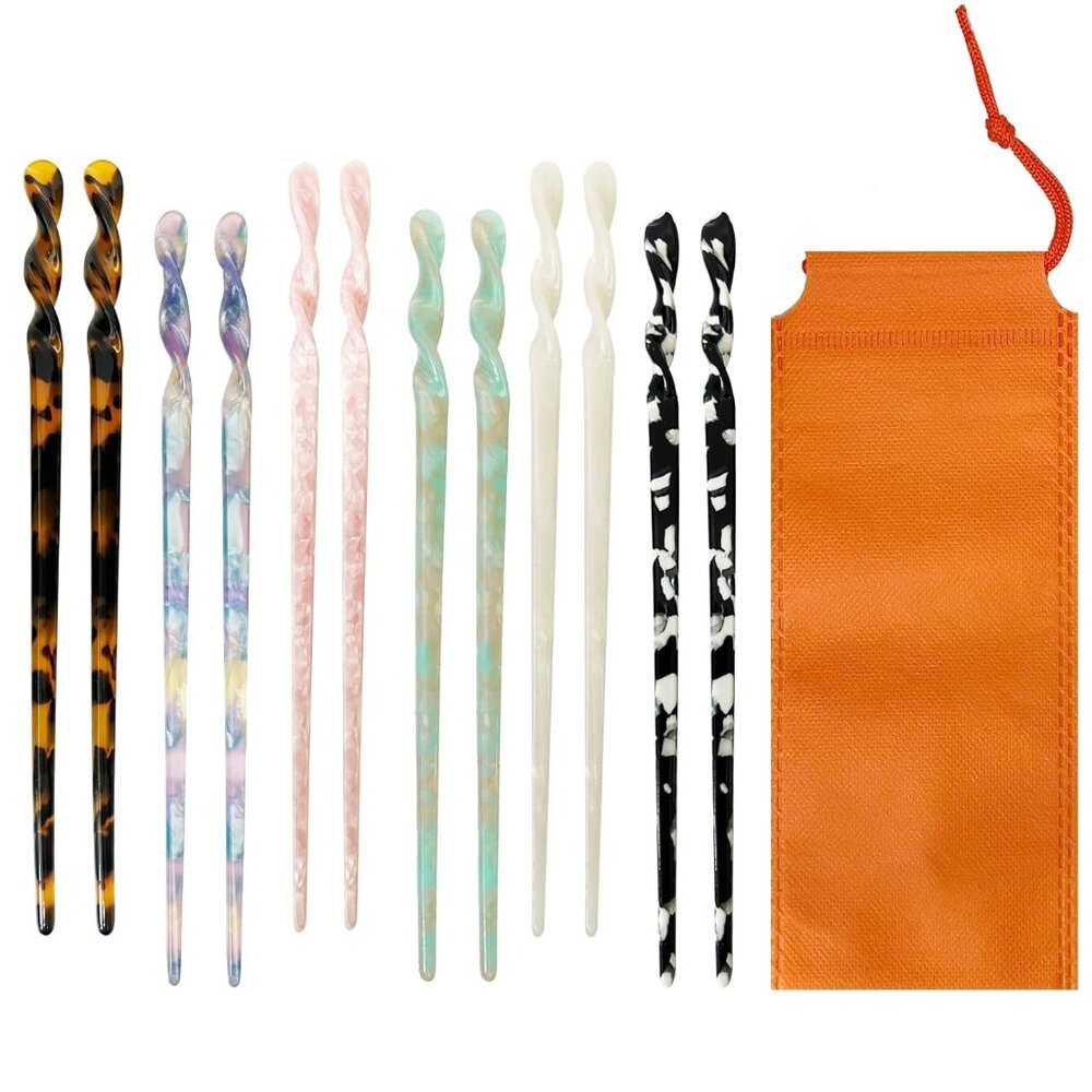 Acetate Tortoise Shell Hair Sticks - Leopard Print Hair Pins, 12 Pieces for Long